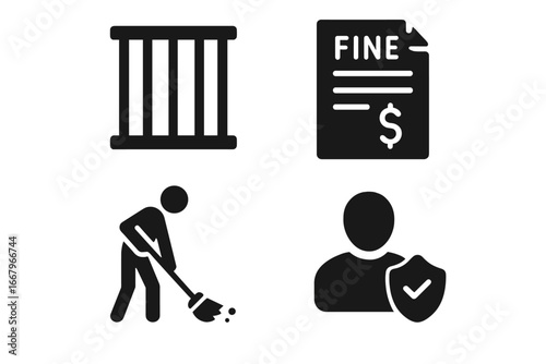 Legal consequences solid icon set. Crime and punishment vector glyphs. Icons for jail, prison, fine, penalty, community service, probation, parole. Justice and law symbols.