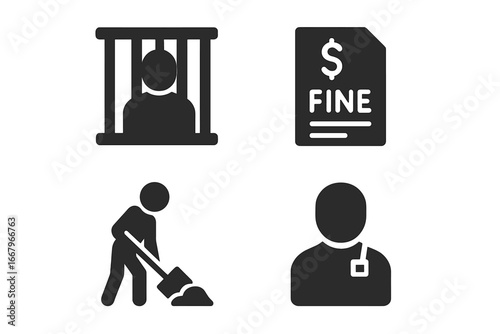 Legal consequences solid icon set. Includes prison, fine, community service, and probation symbols. Vector graphics for concepts of law, justice, crime, punishment, and penalty.