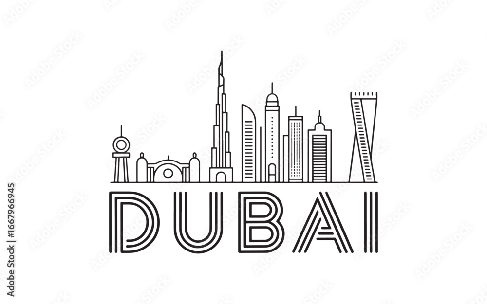 Fototapeta premium Minimalist Dubai Skyline Illustration A Modern Depiction of Architectural Landmarks and City Name in Black and White Style