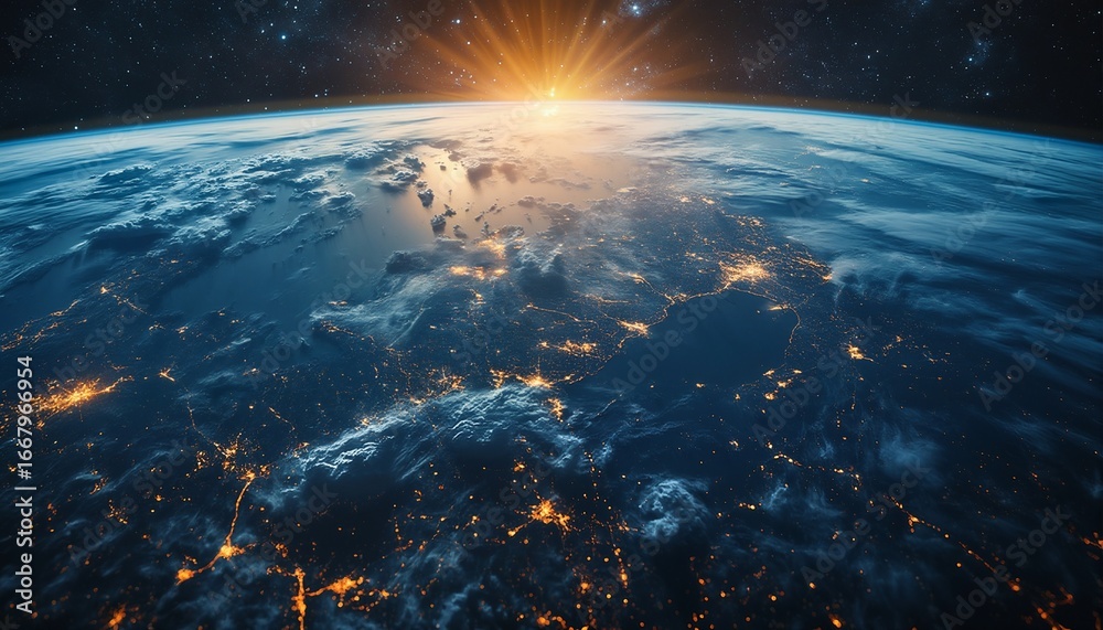 Obraz premium a stunning aerial view of earth at night showcases city lights illuminating europe and north africa as the sun rises over the horizon.