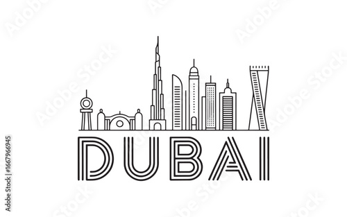 Minimalist Dubai Skyline Illustration A Modern Depiction of Architectural Landmarks and City Name in Black and White Style