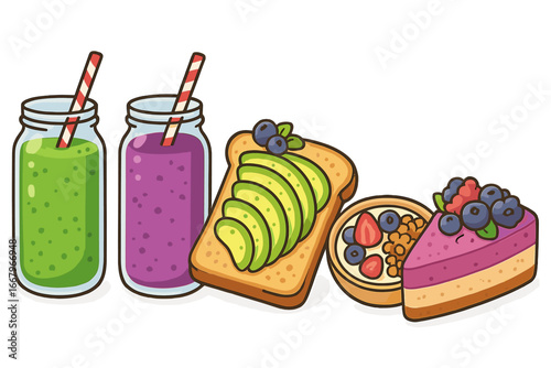 Healthy food set. Breakfast, brunch menu concept. Vector illustration of avocado toast, smoothie, acai bowl, cheesecake. For diet, vegan, vegetarian, organic, fresh meal.