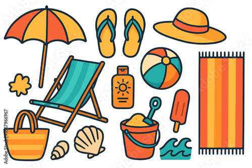 Summer beach vacation icon set. Collection of colorful cartoon vector illustrations for travel and holiday. Beach essentials like umbrella, chair, ball, hat, and sunscreen.