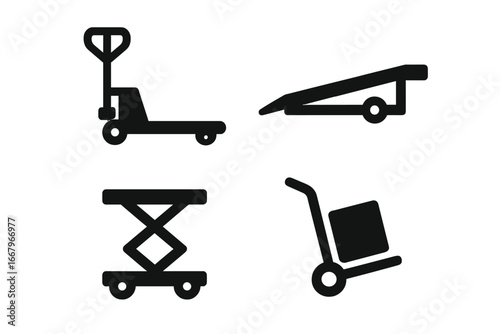 Material handling equipment vector icon set. Solid glyph silhouette symbols of pallet jack, dolly, loading ramp, and scissor lift cart for warehouse, logistics, and cargo.