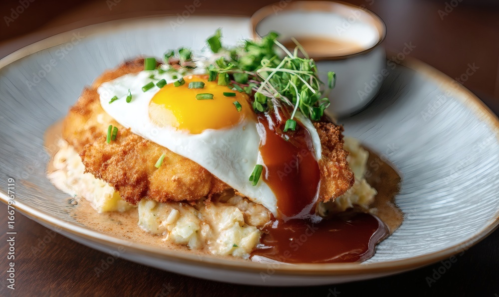 crispy golden schnitzel plated on a bed of creamy German potato salad, cascading rich brown gravy over the schnitzel, topped with a perfectly cooked sunny side up egg with glossy yolk crispy golden schnitzel plated on a bed of creamy German potato salad, cascading rich brown gravy over the schnitzel, topped with a perfectly cooked sunny side up egg with glossy yolk