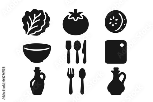 Salad preparation solid icons set. Culinary and cooking silhouette symbols. Vector glyph collection for kitchen, recipe, menu design. Lettuce, tomato, cucumber, bowl, oil, cutlery.