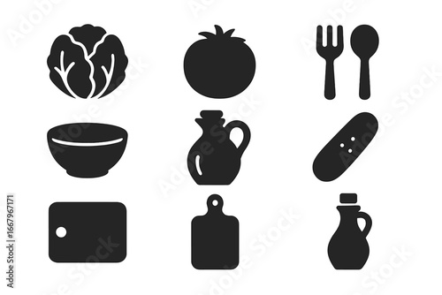 Culinary and cooking solid icons set. Silhouette style kitchen, food preparation, and ingredient symbols. For recipe guides, menu, web. Lettuce, tomato, cucumber, bowl, oil.