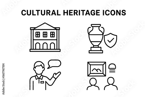 Cultural heritage outline icon set. Vector symbols for history museum, art gallery, and preservation. Collection with historic building, artifact protection, tour guide, and exhibit.