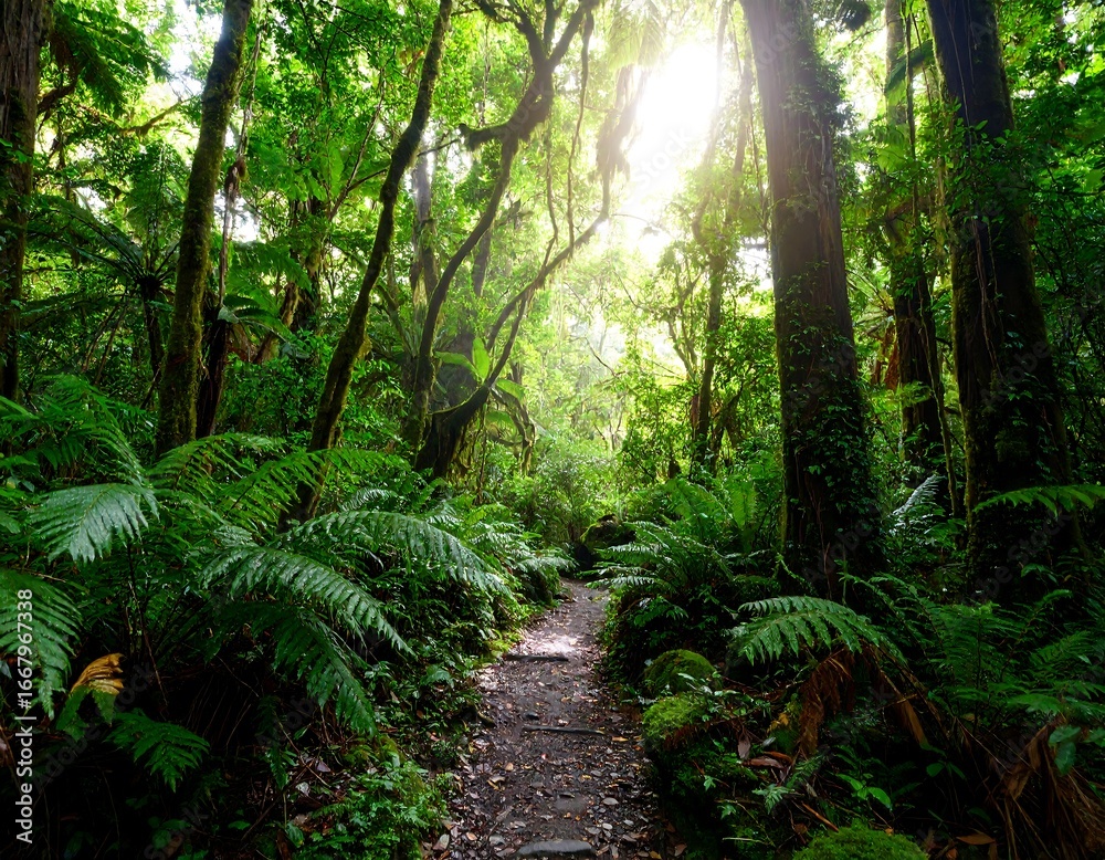 Fototapeta premium Lush Rainforest Path Sunlight Beams Through Canopy.