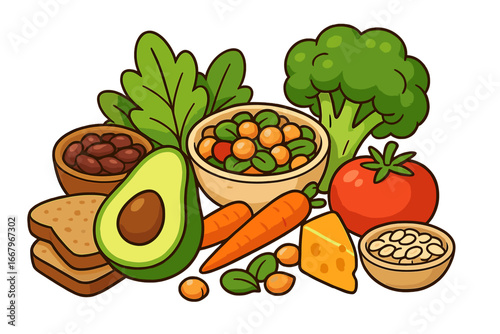 Variety of healthy food for a balanced diet. Vector cartoon illustration of wholesome, plant-based ingredients. Concept for nutrition, grocery, vegan, vegetarian lifestyle.