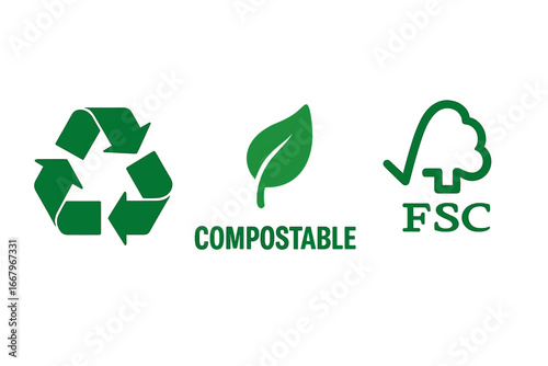 Eco-friendly icon set with recycle symbol, compostable logo, and FSC badge. Green vector labels for sustainable packaging. Flat design certification stamps for environment.