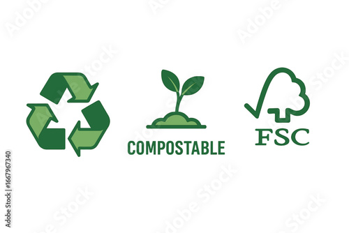 Eco friendly icon set with green labels for sustainable products. Recycle symbol, compostable logo and FSC certification badge for packaging. Vector illustration for ecology concept.