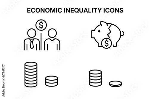 Economic inequality outline icon set. Concepts of rich-poor gap, social division, and poverty. Vector icons of wealth and income disparity, broken piggy bank, financial crisis.