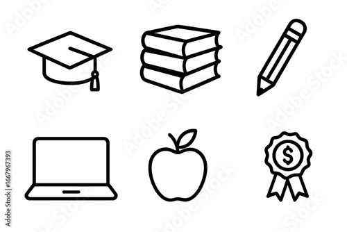 Simple education icon set. Outline symbols for learning, school, university. Graduation cap, books, pencil, laptop, apple, scholarship or grant. Vector graphic collection.