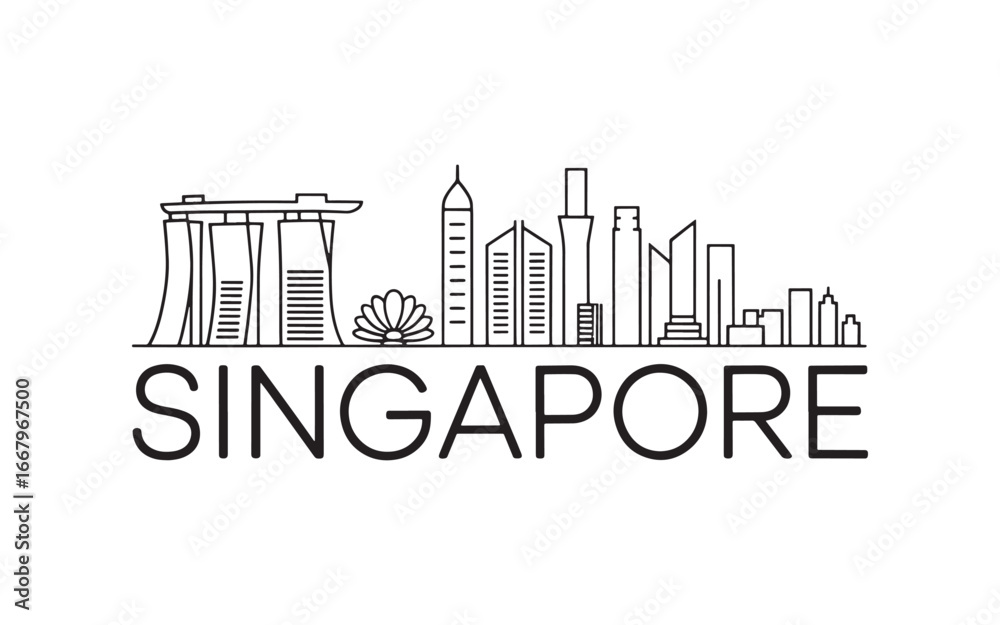 Fototapeta premium Singapore Cityscape Line Art Illustration Minimalist Urban Skyline with Famous Buildings and Landmark with Singapore Text Below Architecture