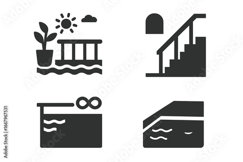 Summer vacation and real estate icon set. Glyphs for travel, leisure and hotel resort concepts. Includes seaside balcony, indoor staircase, infinity pool and swimming symbols.