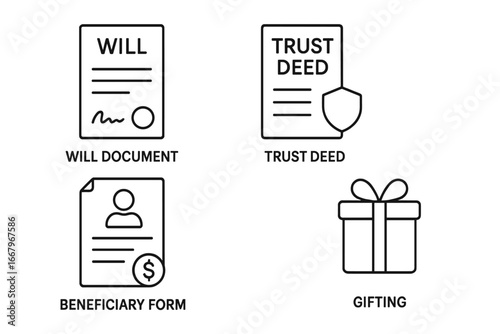 Estate planning and tax law icon set. Vector outline icons of a last will document, trust deed, beneficiary form, and gifting. Concepts for inheritance, finance, and legal assets.
