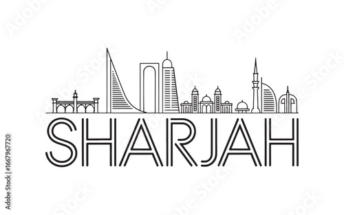 Minimalist Sharjah Skyline Illustration Black and White Graphic Design Featuring Architectural Landmarks and Bold Lettering Depicting the City Name