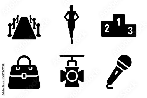 Fashion show solid icon set. Red carpet event, runway model silhouette, winner podium, and celebrity awards ceremony icons. Catwalk, spotlight, microphone vector glyphs.