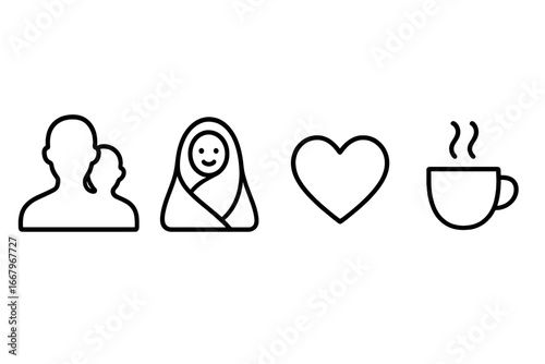 Family bonding icon set. Parenthood concept with parent silhouette, newborn baby, heart symbol, and coffee cup. Love, new family, and morning routine vector line icons.