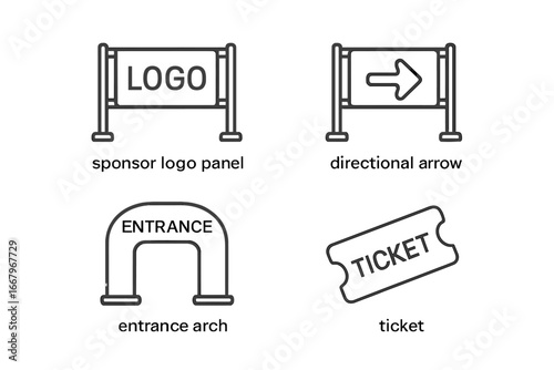 Event branding outline icon set. Vector collection of trade show and festival elements. Includes sponsor logo panel, directional arrow sign, inflatable entrance arch, and ticket.