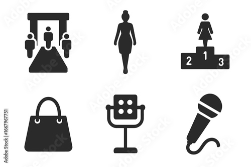 Fashion show solid icon set. Runway event with catwalk model silhouette, winner podium, handbag, studio spotlight, and press microphone. Vector glyphs for celebrity events.