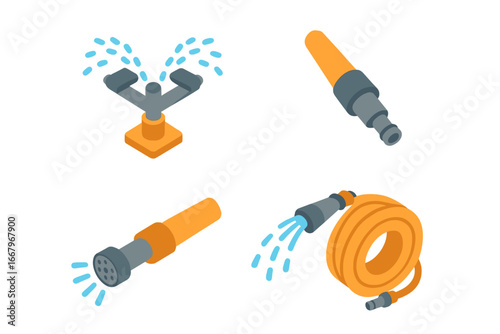 Garden irrigation isometric icon set. Lawn watering equipment vector collection. Sprinkler, adjustable nozzle, garden hose, and sprayer head illustrations for landscaping.