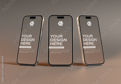 Three Smartphones Standing On Brown Background Mockup