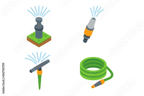 Garden irrigation system isometric icon set. Vector collection of lawn watering equipment. Sprinkler head, adjustable nozzle, garden hose, and automatic water sprayer icons.
