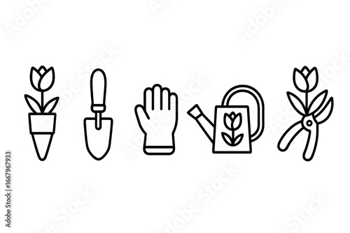 Gardening tool outline icon set. Vector linear icons of tulip, bulb planter, hand trowel, glove, watering can, and pruning shears for spring planting and horticulture.