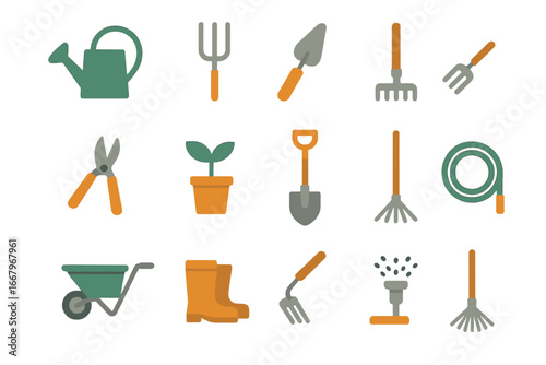 Gardening tools flat icons set. Vector collection of yard work, horticulture, and landscaping essentials. Agriculture and farming equipment illustration for spring planting.