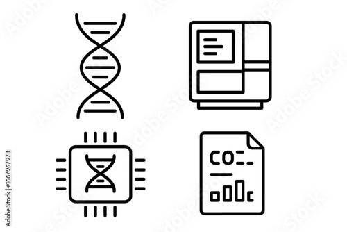 Genomic diagnostics icon set. Outline icons of DNA helix, gene chip, and sequencing machine. Concepts for genetics, bioinformatics, biotechnology, and medical data analysis.