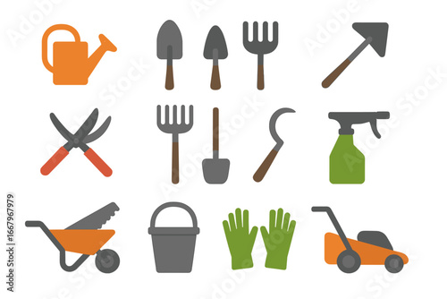 Gardening tools flat icons set. Yard work, horticulture, and landscaping essentials collection. Vector illustration of equipment like shovel, rake, mower, and shears.