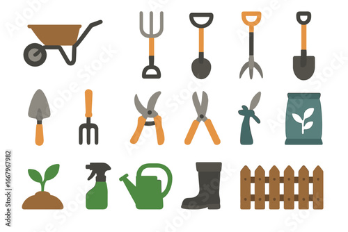 Vector icon set of gardening tools. Flat design collection for horticulture, agriculture, and landscaping. Includes shovel, fork, shears, watering can, sprout, and farm items.