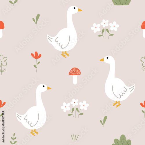 Goose vector seamless pattern with flowers and mushroom for your fabric, children textile, apparel, nursery decoration, gift wrap paper. Vector illustration
