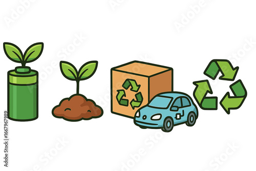 Eco friendly icon set. Sustainability, renewable green energy concept. Electric car, recycling symbol, plant sprout, eco battery. Vector illustration for ecology, conservation.