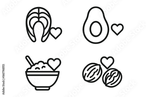 Heart healthy food icon set. Vector line icons for nutrition, diet and wellness. Salmon, avocado, oatmeal, walnut symbols for healthy eating and cardiovascular care concept.
