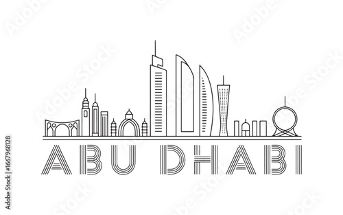Abu Dhabi Skyline Illustration Minimalist Cityscape Design Architectural Outline United Arab Emirates Travel Destination Modern Urban Scene Creative Black and White Artwork