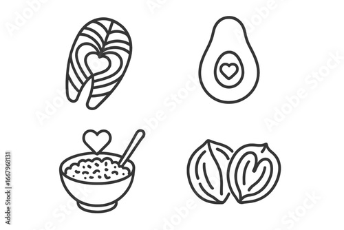 Heart-healthy foods outline icon set. Linear vector illustration of salmon, avocado, oatmeal, walnut. Concept good nutrition, diet, cardiology, cardiovascular health, wellness.