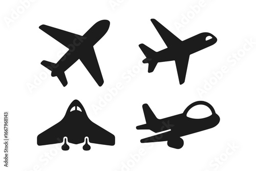 Modern aircraft icon set. Solid black airplane silhouette collection. Aviation symbols for air travel and transport. Passenger plane, military fighter jet & cartoon aircraft vector.