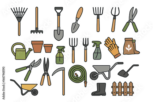 Gardening tools icon set. Vector collection of garden equipment. Rake, shovel, wheelbarrow, hose, watering can, pots, gloves. Flat outline color style illustration.