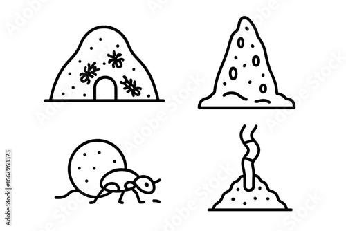 Insect colony icons set. Outline vector illustration of burrowing animal homes. Ant hill, termite mound, dung beetle nest, earthworm shaft. Entomology and biology concept.