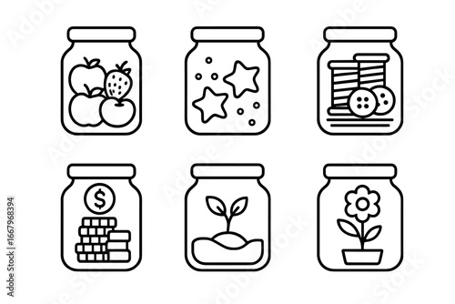 Jar icon set. Outline vector icons for different purposes. Food preserves, fruit storage, savings money jar, craft supply container, sewing kit, plant terrarium, flower vase.