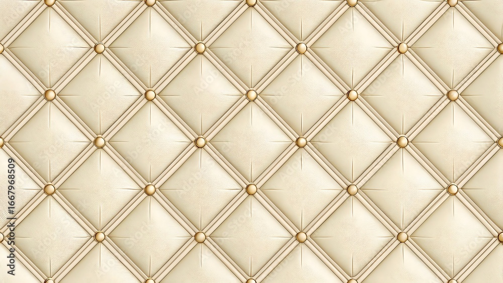Obraz premium Elegant Diamond Patterned Cream Leather Upholstery Texture with Gold Buttons a Luxurious and Sophisticated Background for Design Projects and Visual Content