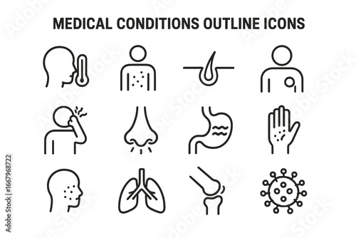 Medical conditions outline icons set. Health, disease and allergy symptoms. Vector symbols for fever, rash, headache, stomach, lungs, joint pain, acne and virus illustration.