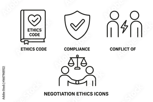 Negotiation ethics and compliance outline icon set. Business ethics code book, compliance shield, conflict of interest, and fair deal handshake with justice scales vector icons.