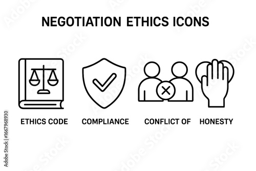 Negotiation ethics line icon set. Business concepts of compliance, corporate governance, code of conduct, honesty, integrity, and conflict of interest. Vector symbols.