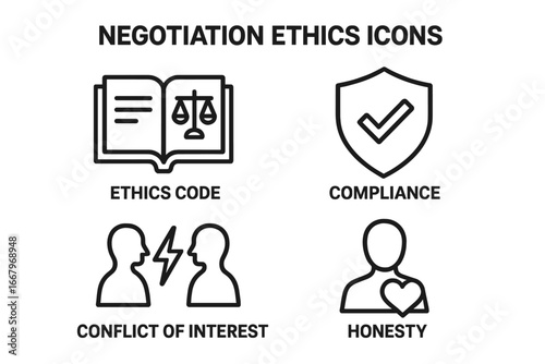 Negotiation ethics and business conduct icon set. Vector line icons of compliance, ethics code, conflict of interest, and honesty. Moral principles and corporate integrity.