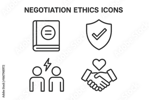Negotiation ethics vector icon set. Business integrity, compliance, fair deal. Icons for moral principles, code of conduct, conflict resolution, partnership, trust, honesty.