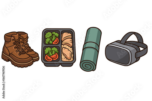 Outdoor adventure essentials for an active lifestyle. Vector cartoon illustration set with hiking boots, healthy meal prep, yoga mat, and virtual reality VR headset.